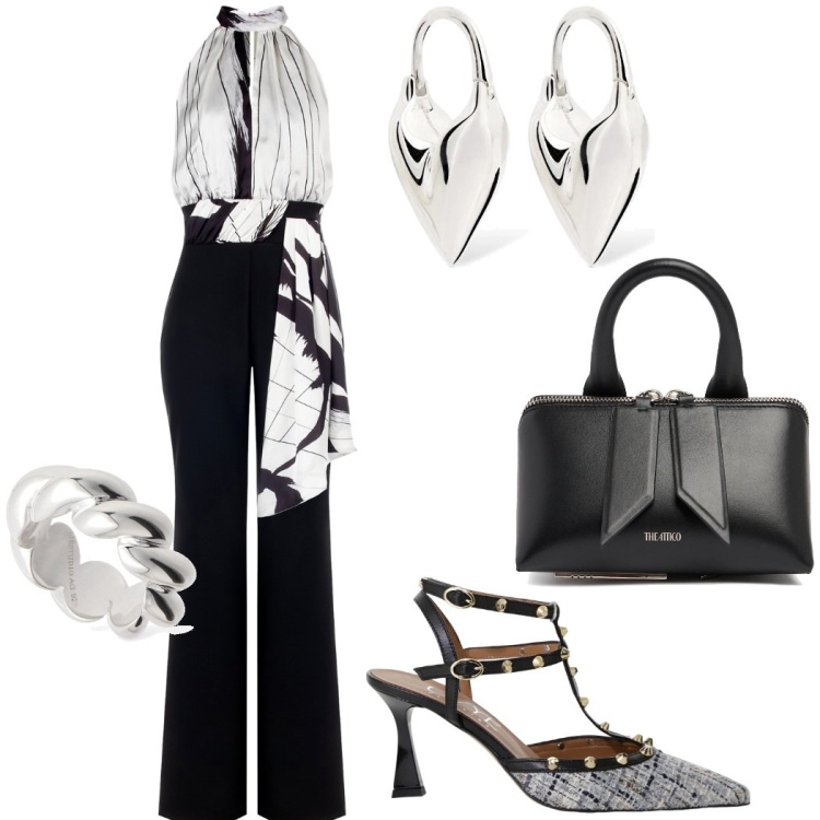 Outfit donna - Jumpsuit da cerimonia. Stile Chic per Cerimonia. Abbinamento con tute, décolleté, orecchini, borse a mano, anelli.