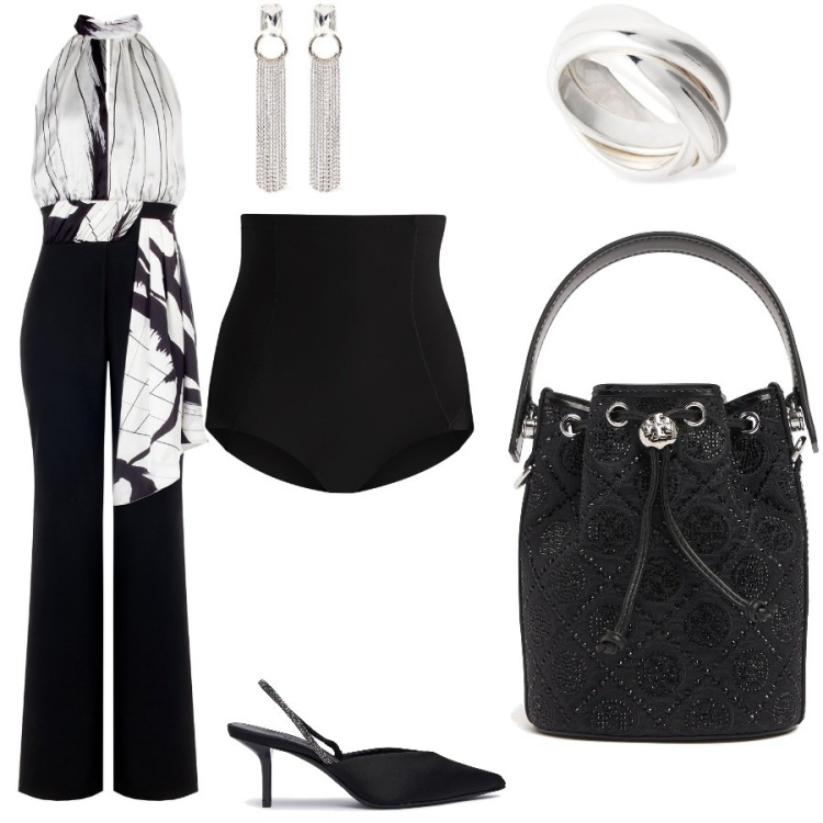 Outfit donna - Ricevimento di gala. Stile Glamour per Cerimonia. Abbinamento con tute, culotte, borse a secchiello, anelli, orecchini, décolleté.