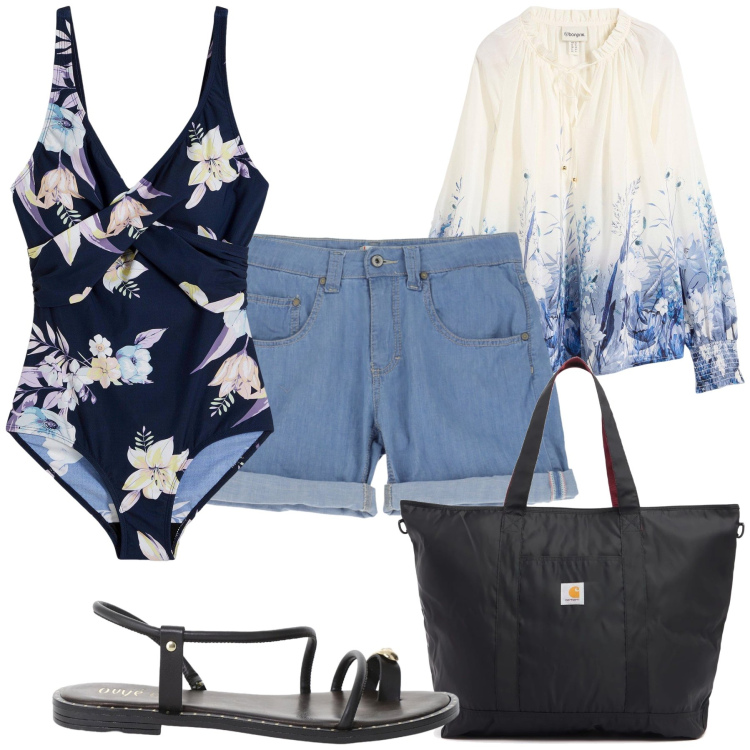 Outfit donna - Shorts di jeans e da lady. Stile Bon Ton per Mare. Abbinamento con bluse, costumi interi, shorts, sandali, shopping bag.