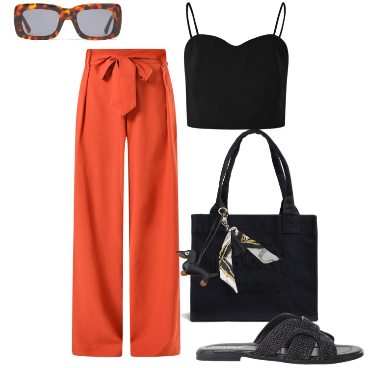Outfit donna - Pantalone chic per il giorno. Stile Trendy per Tutti i giorni. Abbinamento con pantaloni, top, sandali, portachiavi, occhiali da sole, shopping bag.