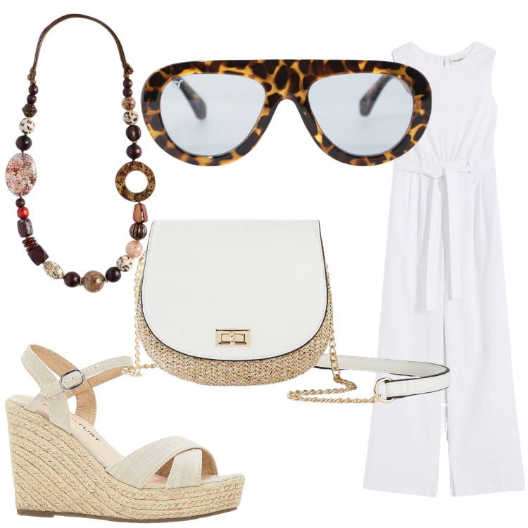 Outfit donna - Jumpsuit. Stile Chic per Ufficio. Abbinamento con sandali, tute, borse a tracolla, occhiali da sole, collane.