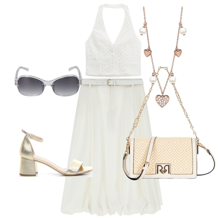 Outfit donna - Eleganza del bianco.. Stile Casual chic per Tutti i giorni. Abbinamento con borse a tracolla, collane, gonne longuette, top, occhiali da sole, sandali col tacco.