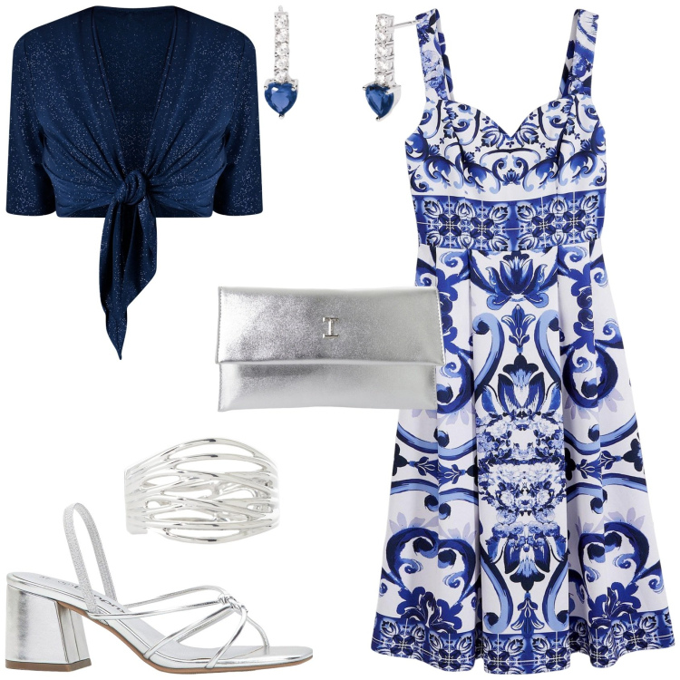 Outfit donna - Total look #2208282. Stile Romantica per Serata fuori. Abbinamento con vestiti, sandali col tacco, orecchini, bolero, pochette, braccialetti.
