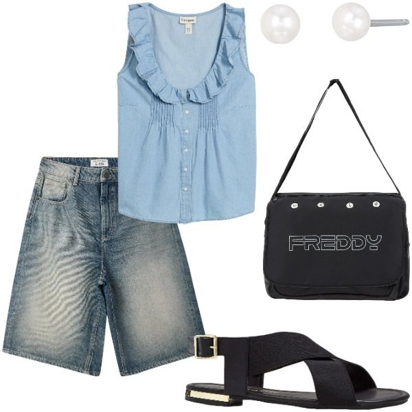 Outfit donna - Outifit di luglio. Stile Casual per Tutti i giorni. Abbinamento con sandali, top, bermuda, orecchini, borse messenger.