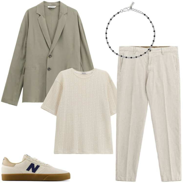 Outfit uomo - Serata estiva sporty chic. Stile Business/Elegante per Serata speciale. Abbinamento con braccialetti, sneakers, pantaloni chino, giacche, t-shirt.
