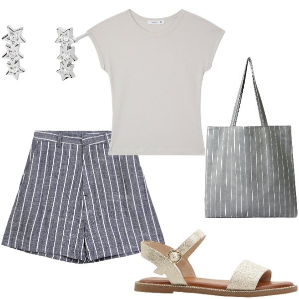 Outfit donna - Outifit di luglio. Stile Casual per Tutti i giorni. Abbinamento con sandali, t-shirt, shopping bag, bermuda, orecchini.