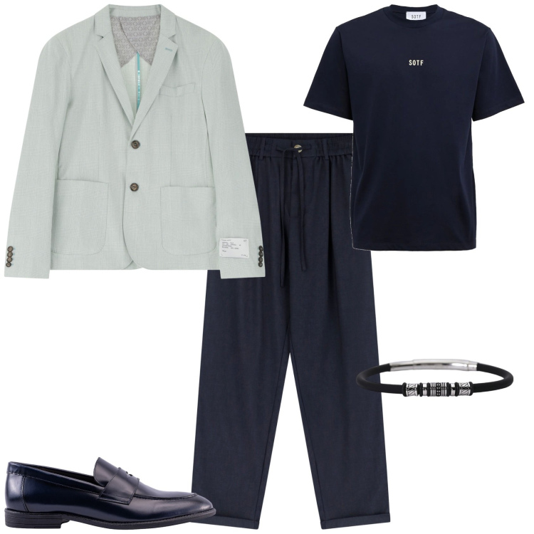 Outfit uomo - Total look #2208307. Stile Trendy per Serata speciale. Abbinamento con braccialetti, giacche, pantaloni, scarpe stringate, t-shirt.