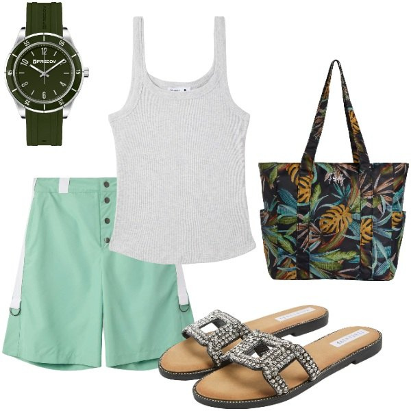 Outfit donna - Outifit di luglio. Stile Casual per Tutti i giorni. Abbinamento con bermuda, canottiere, ciabatte, shopping bag, orologi.