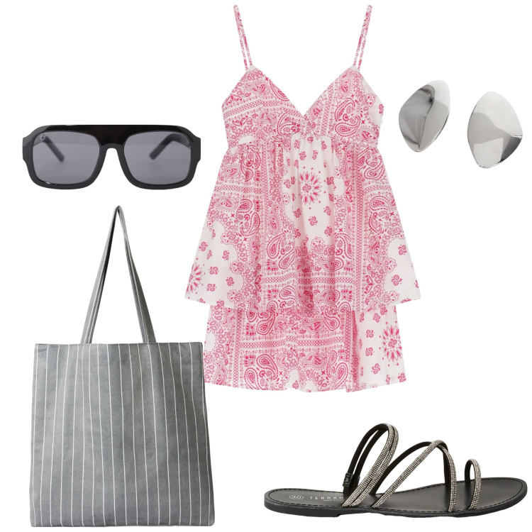 Outfit donna - Il mini dress estivo. Stile Minimal per Mare. Abbinamento con shopping bag, sandali, vestiti corti, occhiali da sole, orecchini.