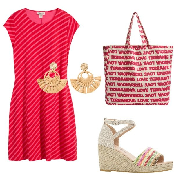 Outfit donna - Outifit di luglio. Stile Casual per Tutti i giorni. Abbinamento con orecchini, vestiti, sandali, borse tote.