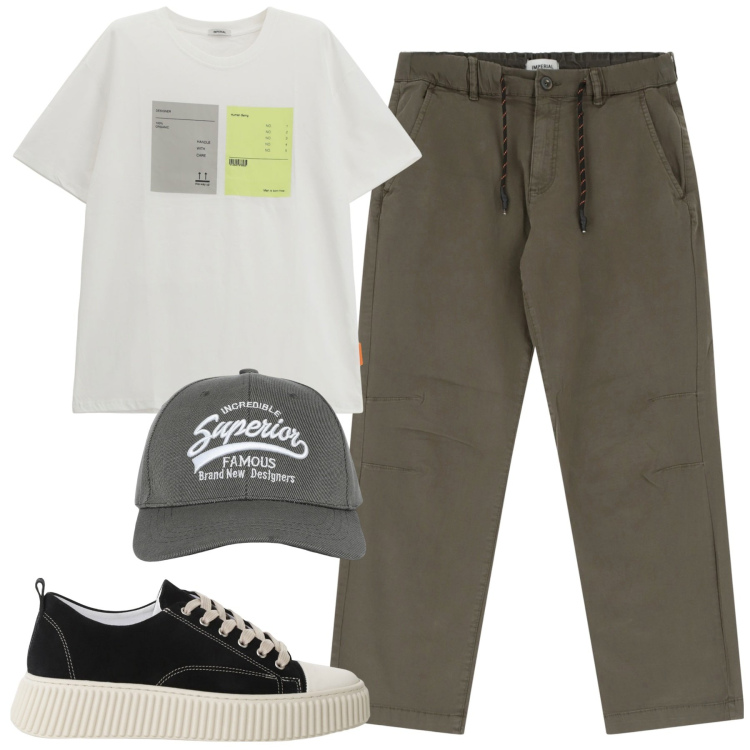 Outfit uomo - Summer. Stile Casual per Tutti i giorni. Abbinamento con cappelli con visiera, sneakers, pantaloni, t-shirt.