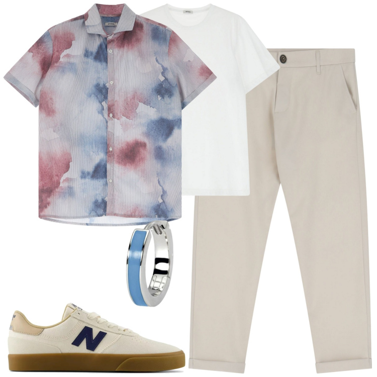 Outfit uomo - Trendy in città. Stile Trendy per Tutti i giorni. Abbinamento con orecchini, sneakers, pantaloni chino, t-shirt, camicie a manica corta.