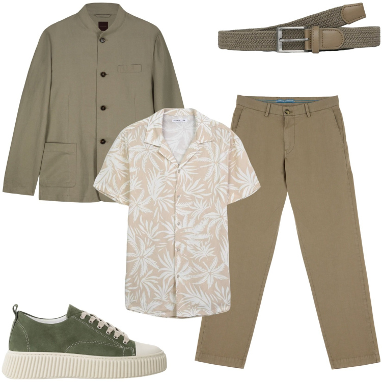 Outfit uomo - Serata estiva. Stile Casual per Serata speciale. Abbinamento con camicie a manica corta, cinture, sneakers, pantaloni chino, giacche.