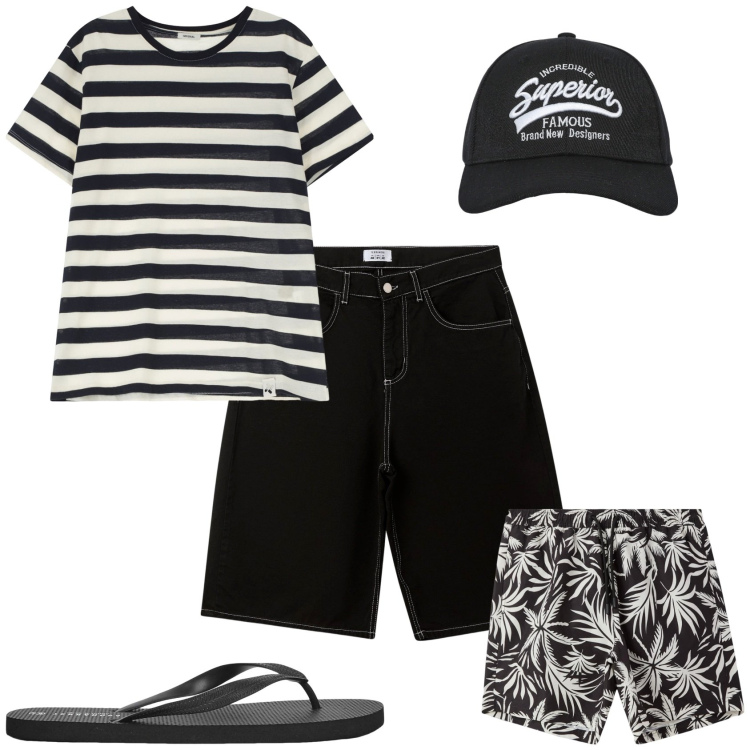 Outfit uomo - Total look #2208321. Stile Casual per Mare. Abbinamento con cappelli con visiera, bermuda, sandali, costumi, t-shirt.