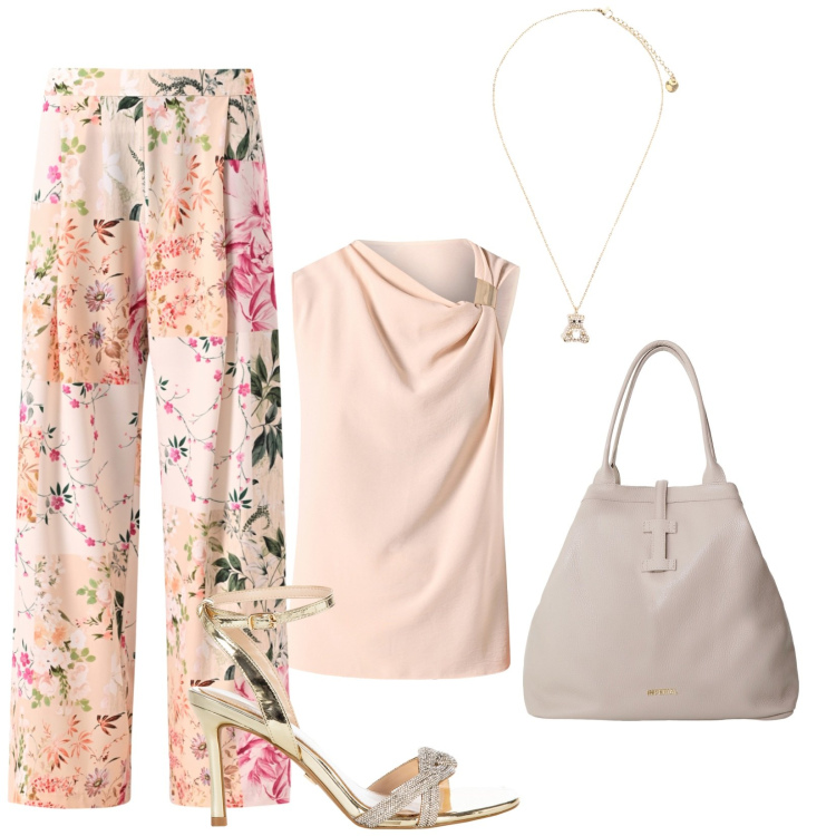 Outfit donna - Total look #2208323. Stile Casual chic per Tutti i giorni. Abbinamento con borse tote, pantaloni, top, sandali col tacco, ciondoli.