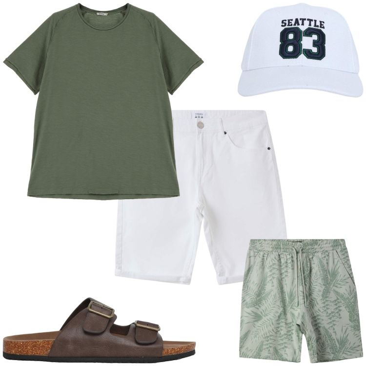 Outfit uomo - Total look #2208327. Stile Casual per Mare. Abbinamento con cappelli, bermuda, costumi, sandali, t-shirt.