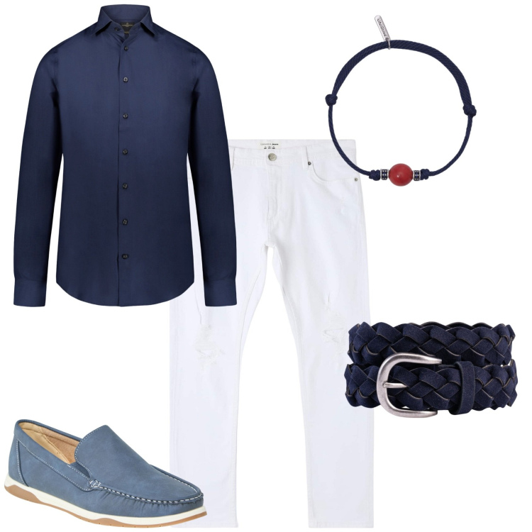 Outfit uomo - Total look #2208334. Stile Trendy per Mare. Abbinamento con scarpe stringate, jeans strappati, braccialetti, camicie, cinture.