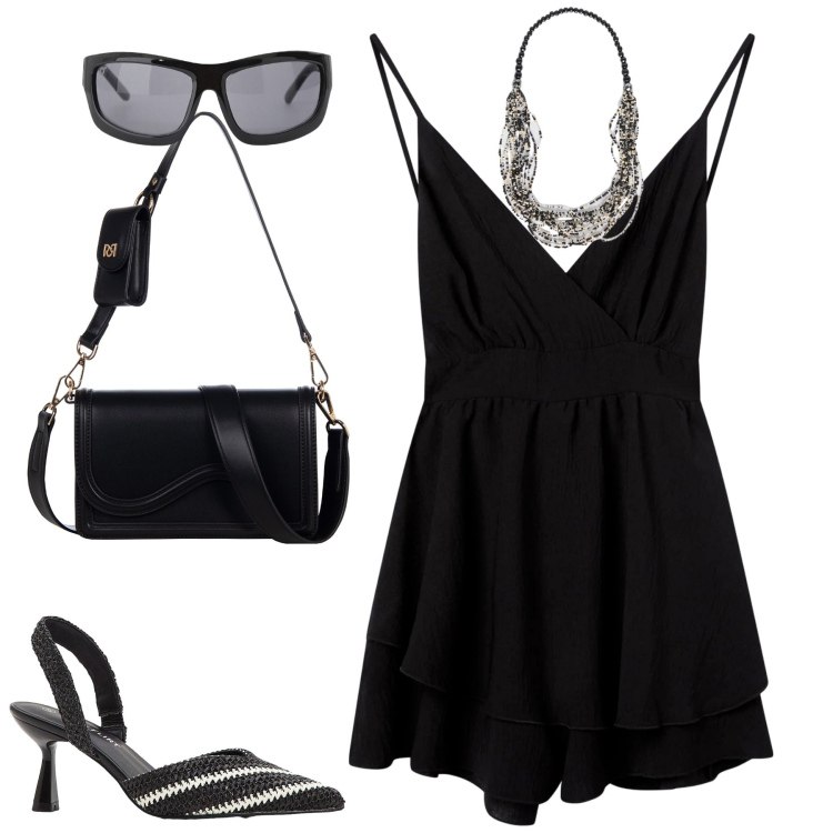 Outfit donna - La tutina nera. Stile Casual chic per Tutti i giorni. Abbinamento con décolleté, tuta corta, pochette, occhiali da sole, collane.