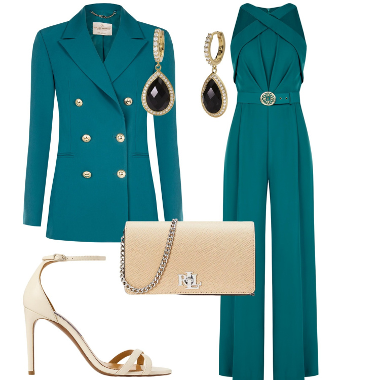 Outfit donna - Saldi Rinascimento. Stile Chic per Cerimonia. Abbinamento con orecchini, tute, blazer, borse a tracolla, sandali col tacco.