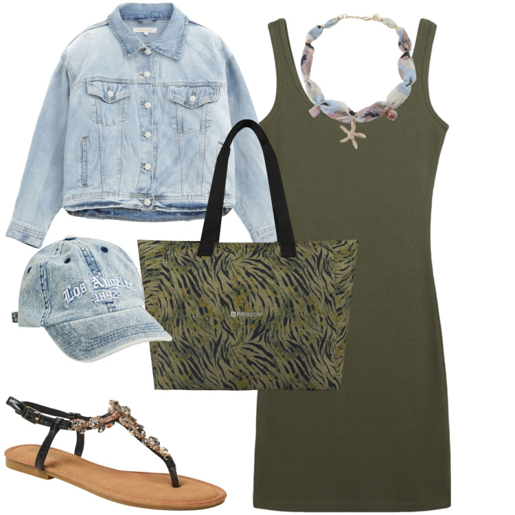 Outfit donna - Luglio. Stile Casual chic per Tutti i giorni. Abbinamento con vestiti, sandali gioiello, cappelli con visiera, blazer, shopping bag, collane.