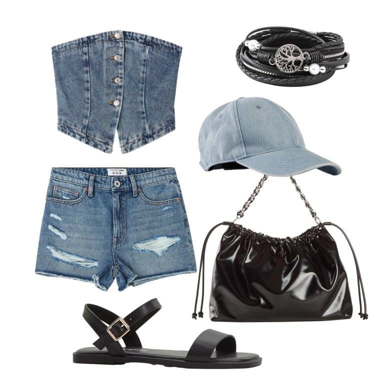Outfit donna - Denim e nero: shorts in città. Stile Casual per Tutti i giorni. Abbinamento con braccialetti, cappelli con visiera, shopping bag, sandali, shorts, top.