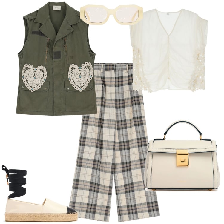 Outfit donna - Total look #2208347. Stile Trendy per Ufficio. Abbinamento con pantaloni, gilet, t-shirt, occhiali da sole, borse a mano, espadrillas.