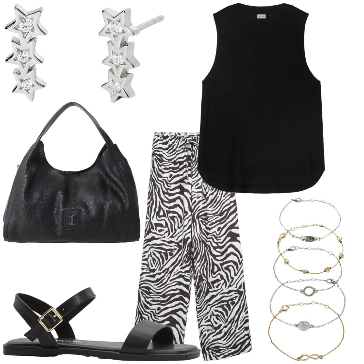 Outfit donna - Total look #2208348. Stile Basic per Tutti i giorni. Abbinamento con braccialetti con ciondoli, sandali, pantaloni, orecchini, pochette, top.