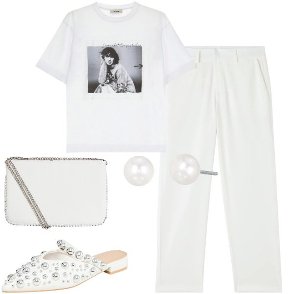 Outfit donna - Estate in total white. Stile Urban per Tutti i giorni. Abbinamento con ballerine, pantaloni, borse a tracolla, orecchini, t-shirt.