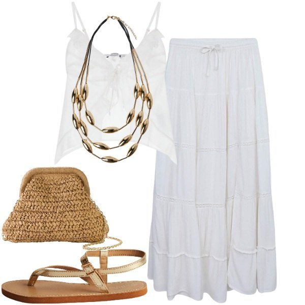Outfit donna - L\'estate BOHO. Stile Boho per Mare. Abbinamento con borse a tracolla, gonne lunghe, ciabatte, top, collane.