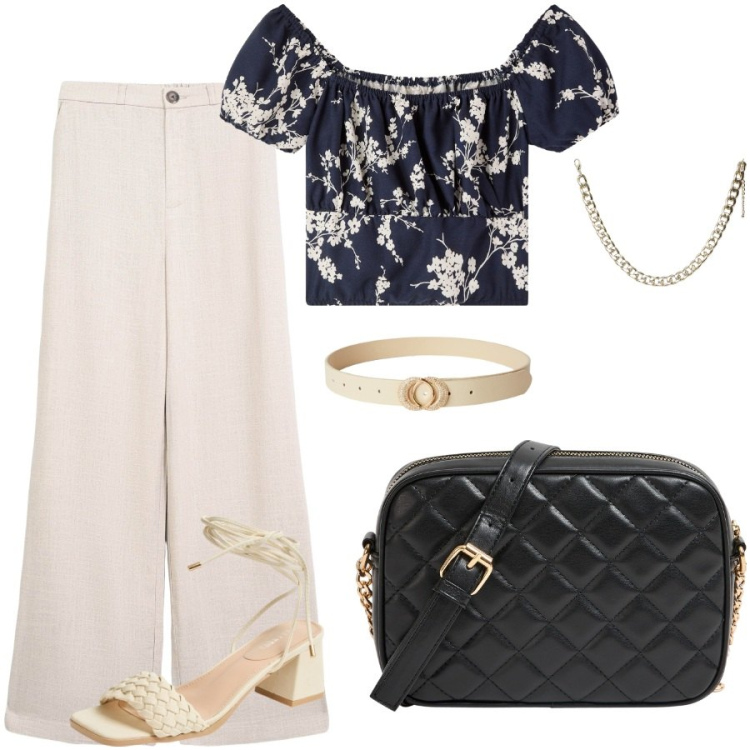 Outfit donna - Total look Terranova. Stile Romantica per Serata fuori. Abbinamento con bluse, collane, cinture, pantaloni, sandali alla schiava, borse a tracolla.