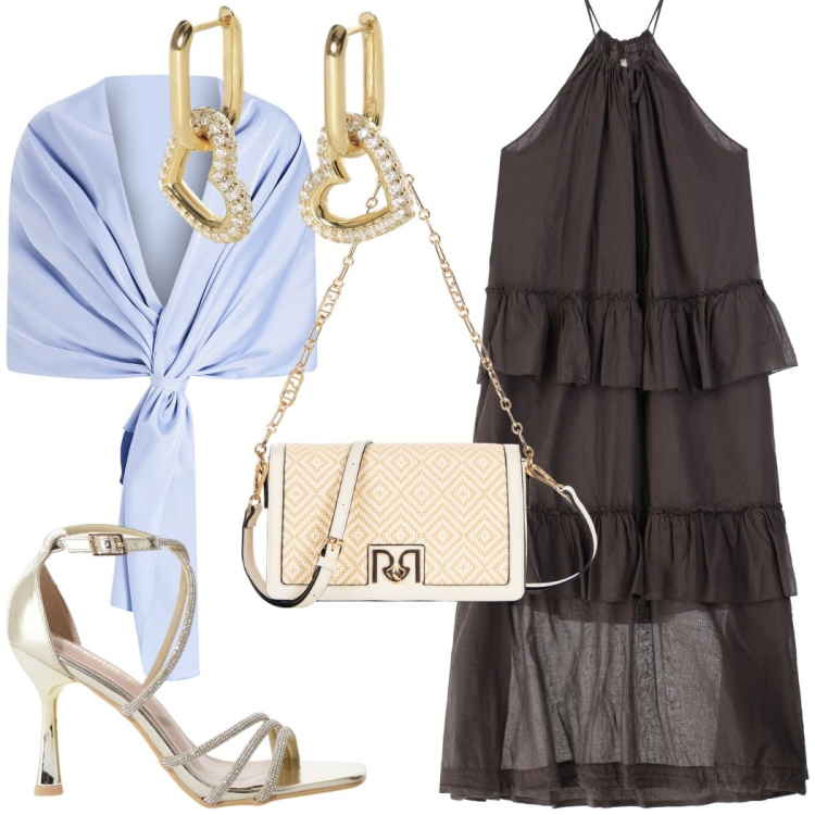 Outfit donna - Cerimonia elegante. Stile Glamour per Cerimonia. Abbinamento con borse a tracolla, stole, orecchini, sandali col tacco, vestiti lunghi.