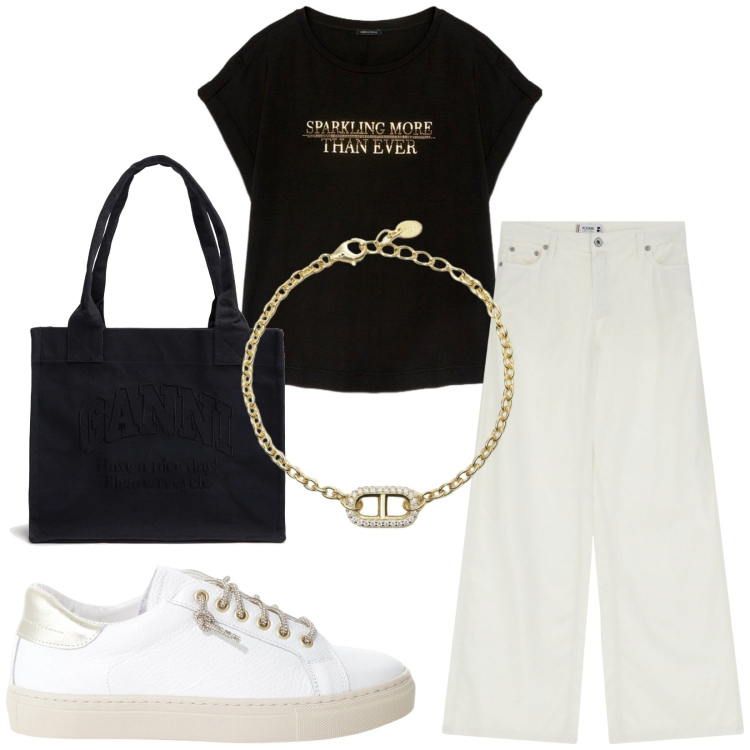 Outfit donna - Total look #2208366. Stile Basic per Tutti i giorni. Abbinamento con braccialetti, pantaloni a palazzo, sneakers, t-shirt, shopping bag.