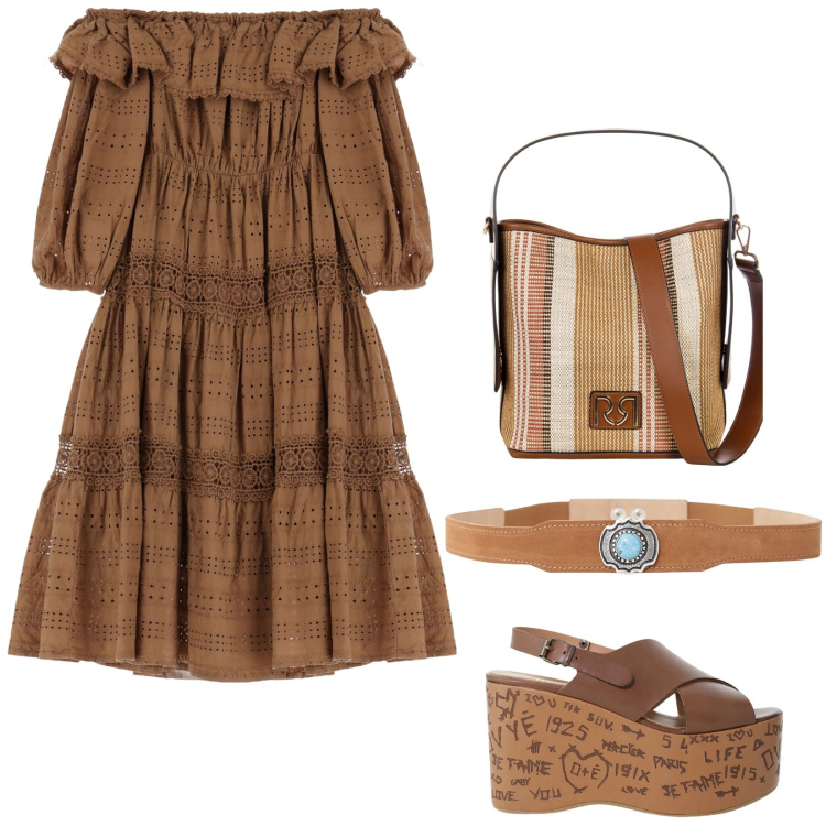 Outfit donna - Cacao. Stile Boho per Tutti i giorni. Abbinamento con vestiti corti, zeppe, cinture, borse a secchiello.