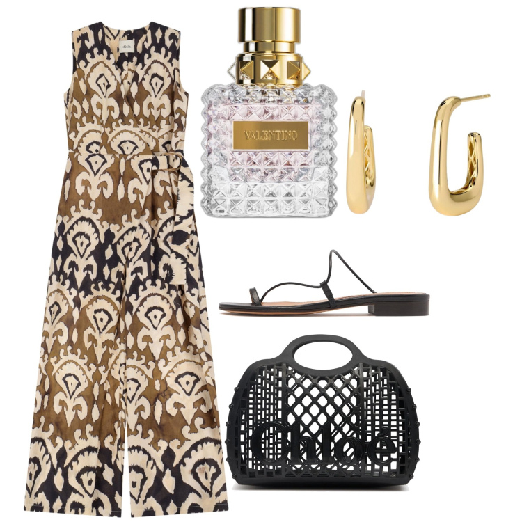 Outfit donna - Lipsi. Stile Chic per Serata fuori. Abbinamento con profumi, orecchini, tute, borse a mano, sandali in pelle.
