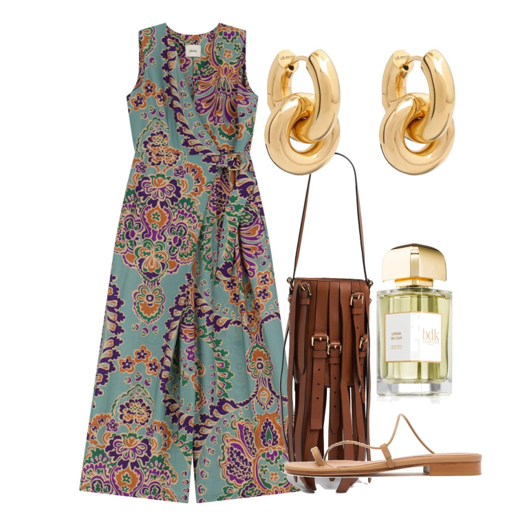 Outfit donna - Kastellorizo. Stile Chic per Serata fuori. Abbinamento con profumi, tute, orecchini, shopping bag, sandali in pelle.