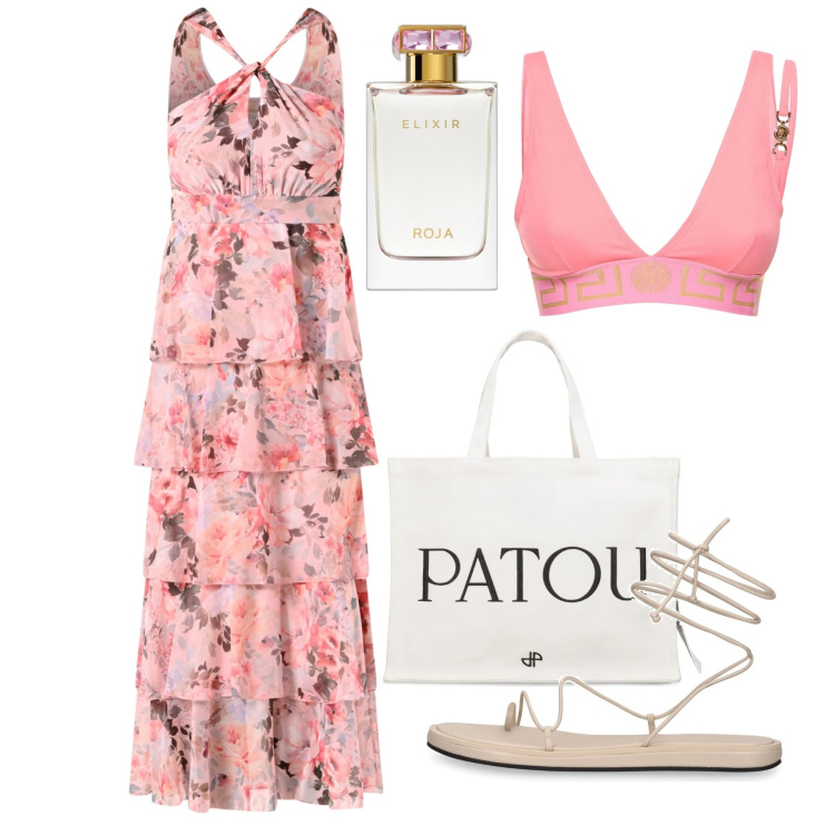 Outfit donna - Pserimos. Stile Chic per Serata fuori. Abbinamento con profumi, vestiti lunghi, sandali in pelle, shopping bag, bikini.