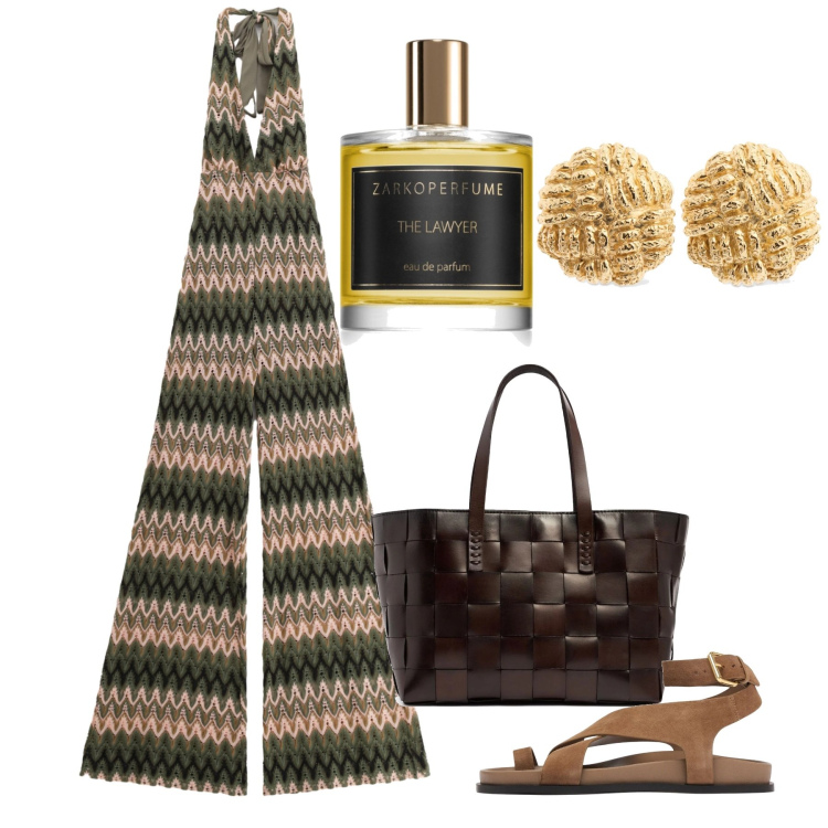 Outfit donna - Kos. Stile Chic per Serata fuori. Abbinamento con profumi, tute, sandali in pelle, orecchini, shopping bag.