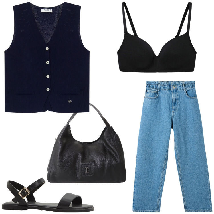 Outfit donna - Street style. Stile Urban per Tutti i giorni. Abbinamento con sandali, reggiseni, jeans, gilet, pochette.