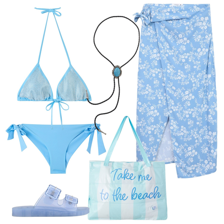 Outfit donna - Il costume perfetto 2. Stile Chic per Mare. Abbinamento con bikini, borse tote, vestiti da spiaggia, bikini, collane, sandali.