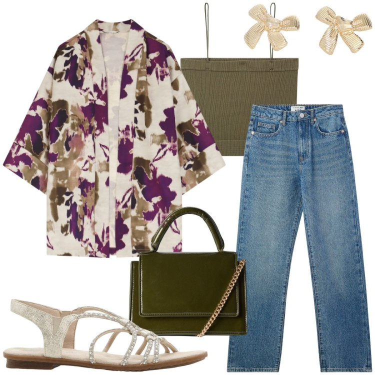 Outfit donna - Jeans, top e giacca leggera da sera. Stile Casual chic per Serata fuori. Abbinamento con sandali, top, jeans dritti, borse a tracolla, cappotti, orecchini.