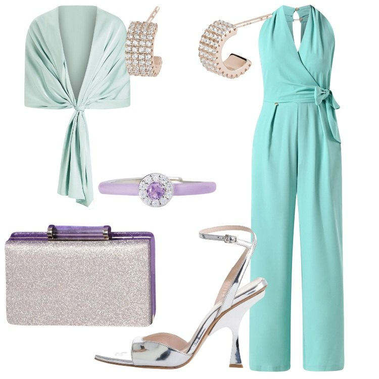 Outfit donna - Risplendi in una serata speciale. Stile Chic per Serata fuori. Abbinamento con décolleté, orecchini, anelli, pochette, tute, stole.