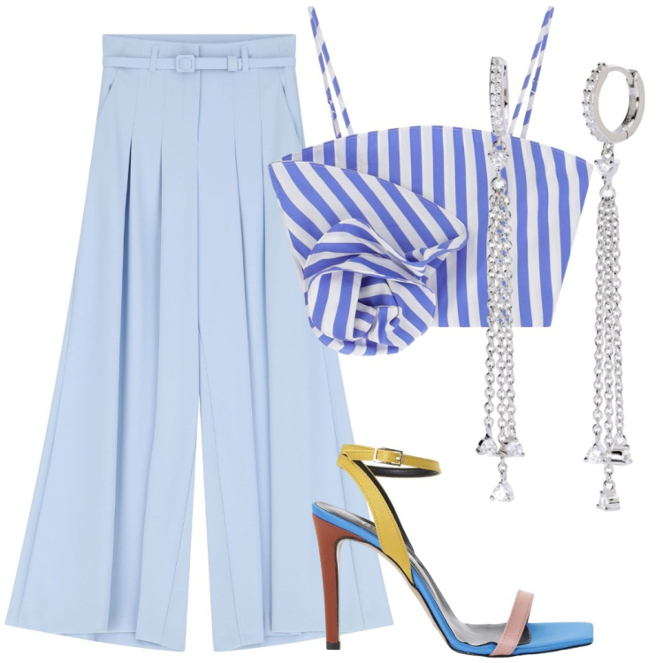 Outfit donna - top dai dettagli inaspettati. Stile Chic per Serata fuori. Abbinamento con orecchini, pantaloni, canottiere, sandali col tacco.