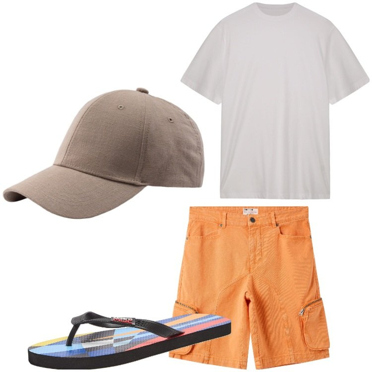 Outfit uomo - In giardino. Stile Casual per Tutti i giorni. Abbinamento con sandali, pantaloni corti, t-shirt, cappelli con visiera.