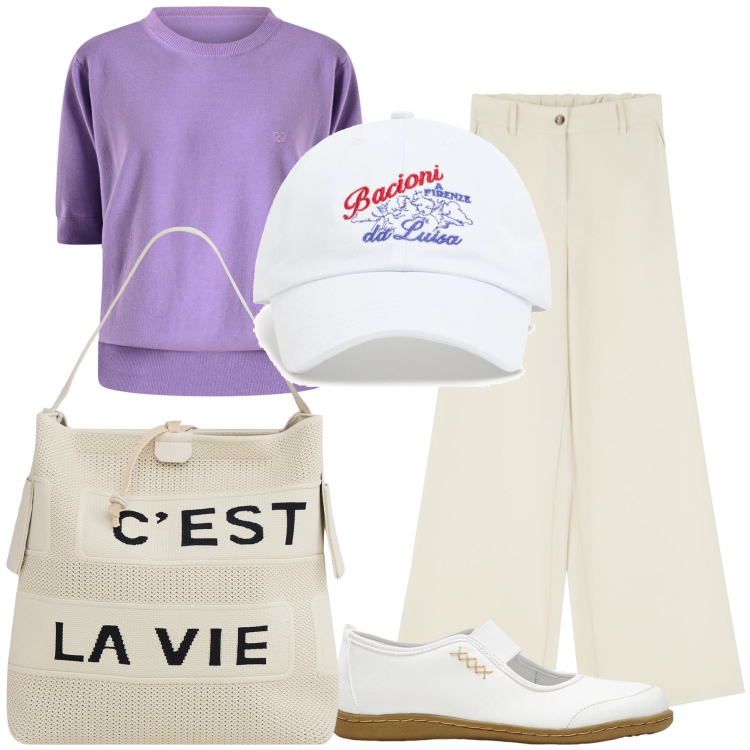 Outfit donna - Pomeriggio. Stile Urban per Tutti i giorni. Abbinamento con ballerine, borse a mano, maglieria, pantaloni a palazzo, cappelli.