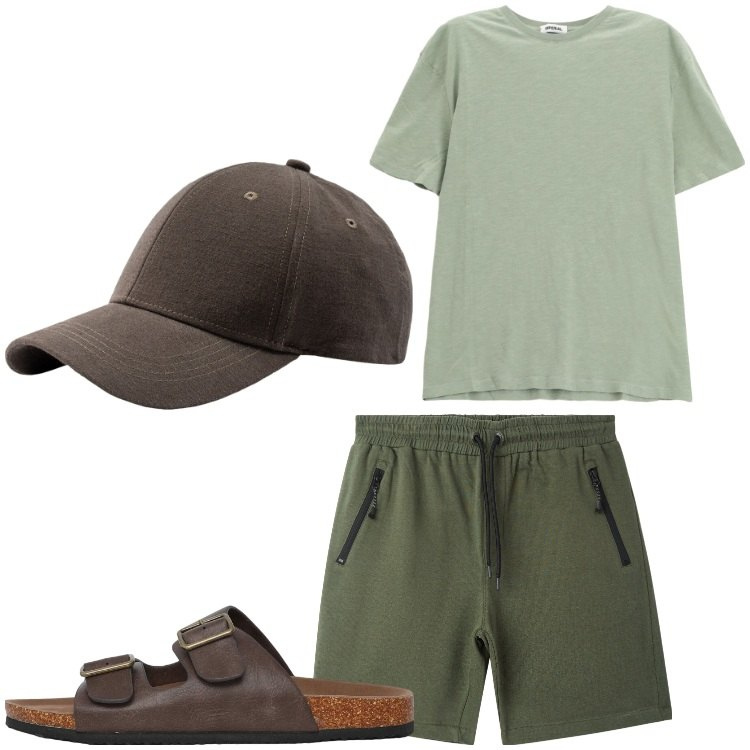 Outfit uomo - Easy. Stile Casual per Tutti i giorni. Abbinamento con bermuda, sandali, t-shirt, cappelli con visiera.
