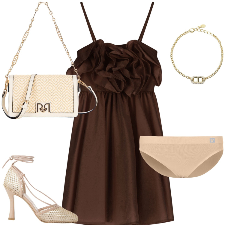 Outfit donna - Fresca e bella. Stile Glamour per Serata fuori. Abbinamento con braccialetti, borse a tracolla, vestiti corti, culotte, décolleté.