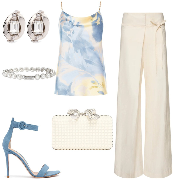 Outfit donna - Aperitivo. Stile Chic per Serata fuori. Abbinamento con braccialetti, top, orecchini, pochette, sandali in pelle, pantaloni.