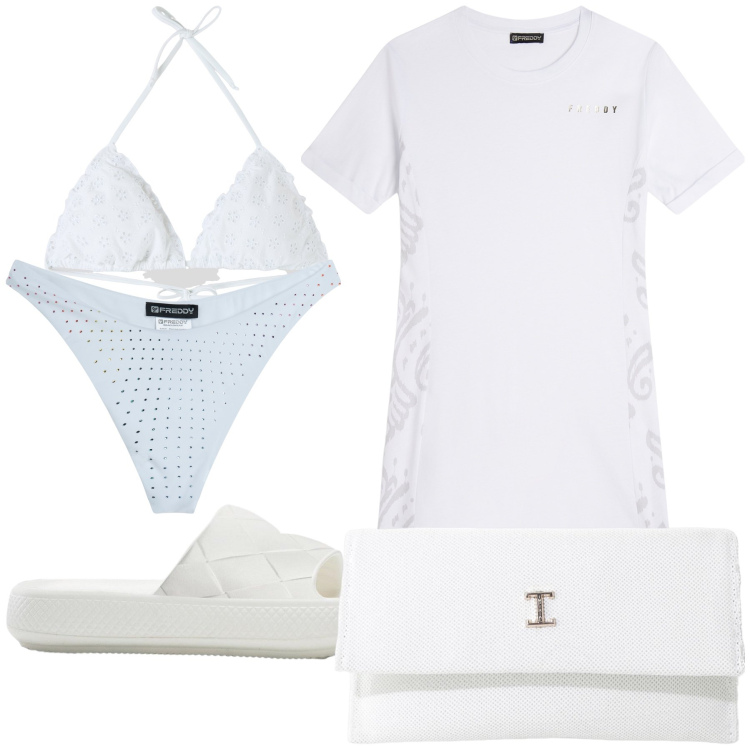 Outfit donna - Bianco mare. Stile Trendy per Mare. Abbinamento con ciabatte, bikini, borse a tracolla, bikini, vestiti midi/longuette.