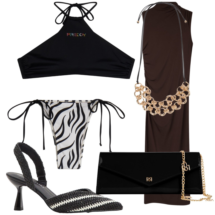 Outfit donna - Cena terrazza sul mare. Stile Glamour per Mare. Abbinamento con décolleté, vestiti lunghi, pochette, bikini, bikini, collane.