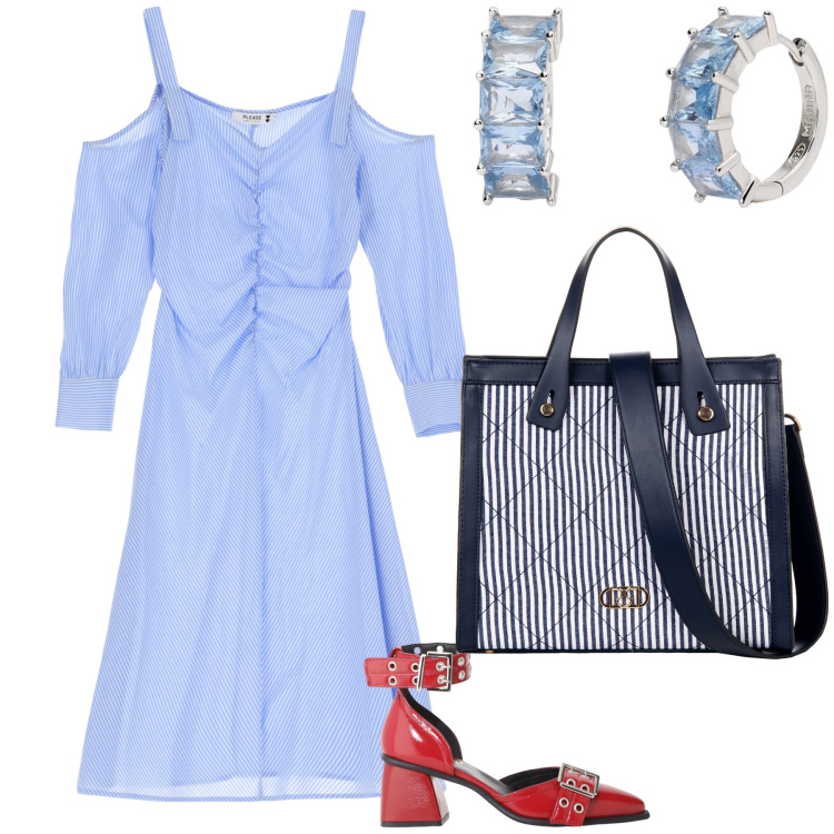 Outfit donna - Commissioni in città. Stile Trendy per Tutti i giorni. Abbinamento con orecchini, shopping bag, vestiti, décolleté.